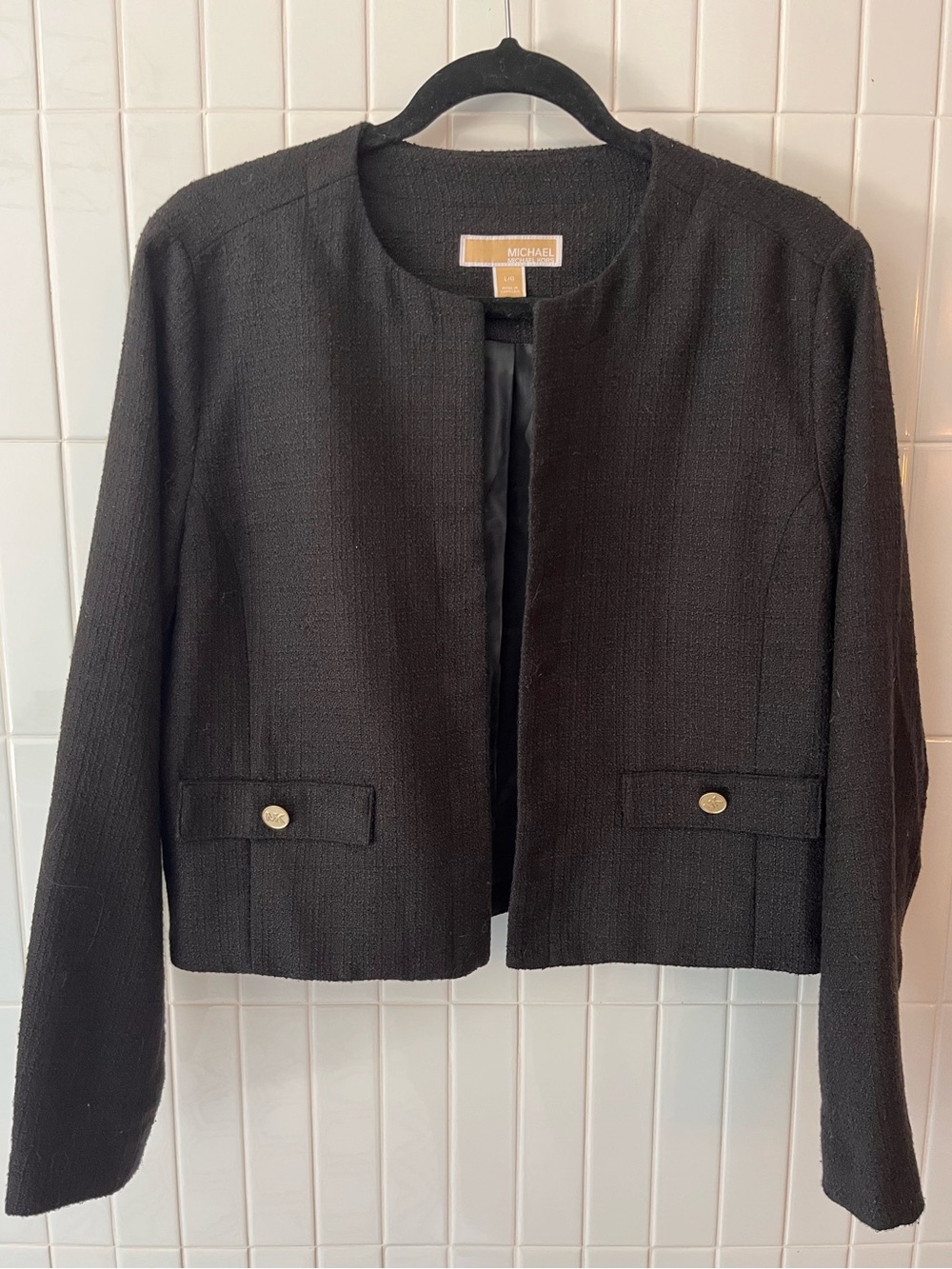 Michael Kors Black Bouclé Blazer Gold MK Hardware Collarless Chanel Style Large